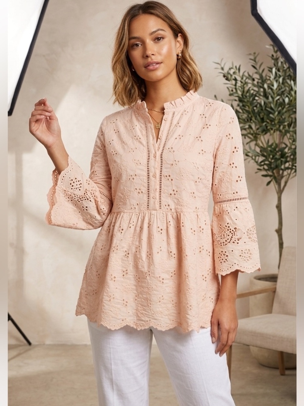 Tea N Rose Eyelet Floral Babydoll Blouse
